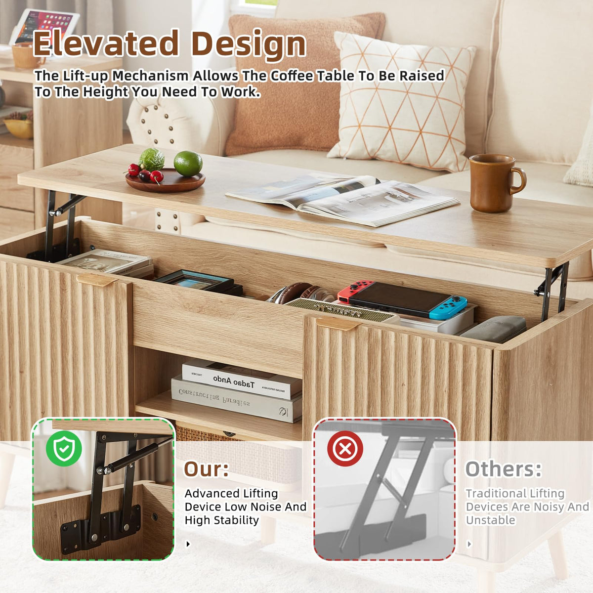 LEYAOYAO Fluted Lift Top Coffee Table and Night Stand Set,Wood 48" Wide Center Tables & 23" with Charging Station Chest of Drawers,Farmhouse Living Room Suites for Bedroom Home,Brown
