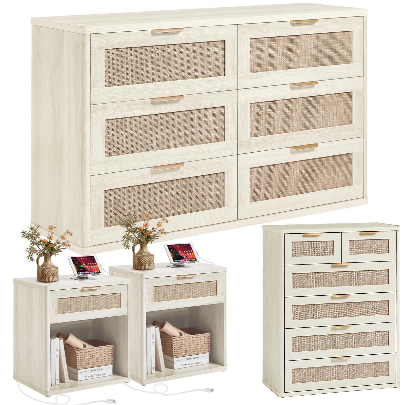 LEYAOYAO Rattan Dresser and Nightstand Sets 4 Piece, Natural