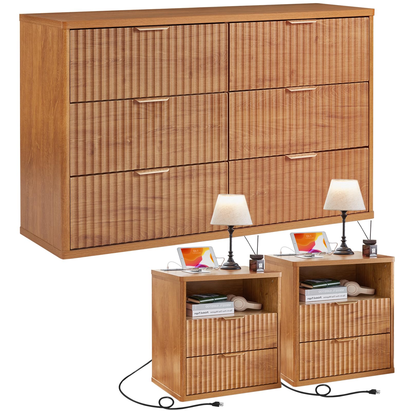 LEYAOYAO 48" Wide Fluted Dresser and 1 Drawers 23" Nightstand Set of 2, Wooden Dresser & Night Stand with Charging Station, 3 Piece Bedroom Furniture Set, Chest of Drawer for Living Room,Antique White