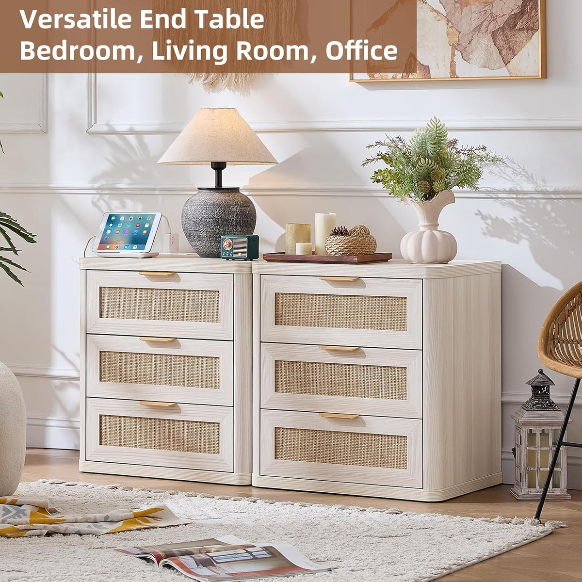 LEYAOYAO Rattan 23" Nightstands with Charger Station 2 Drawers