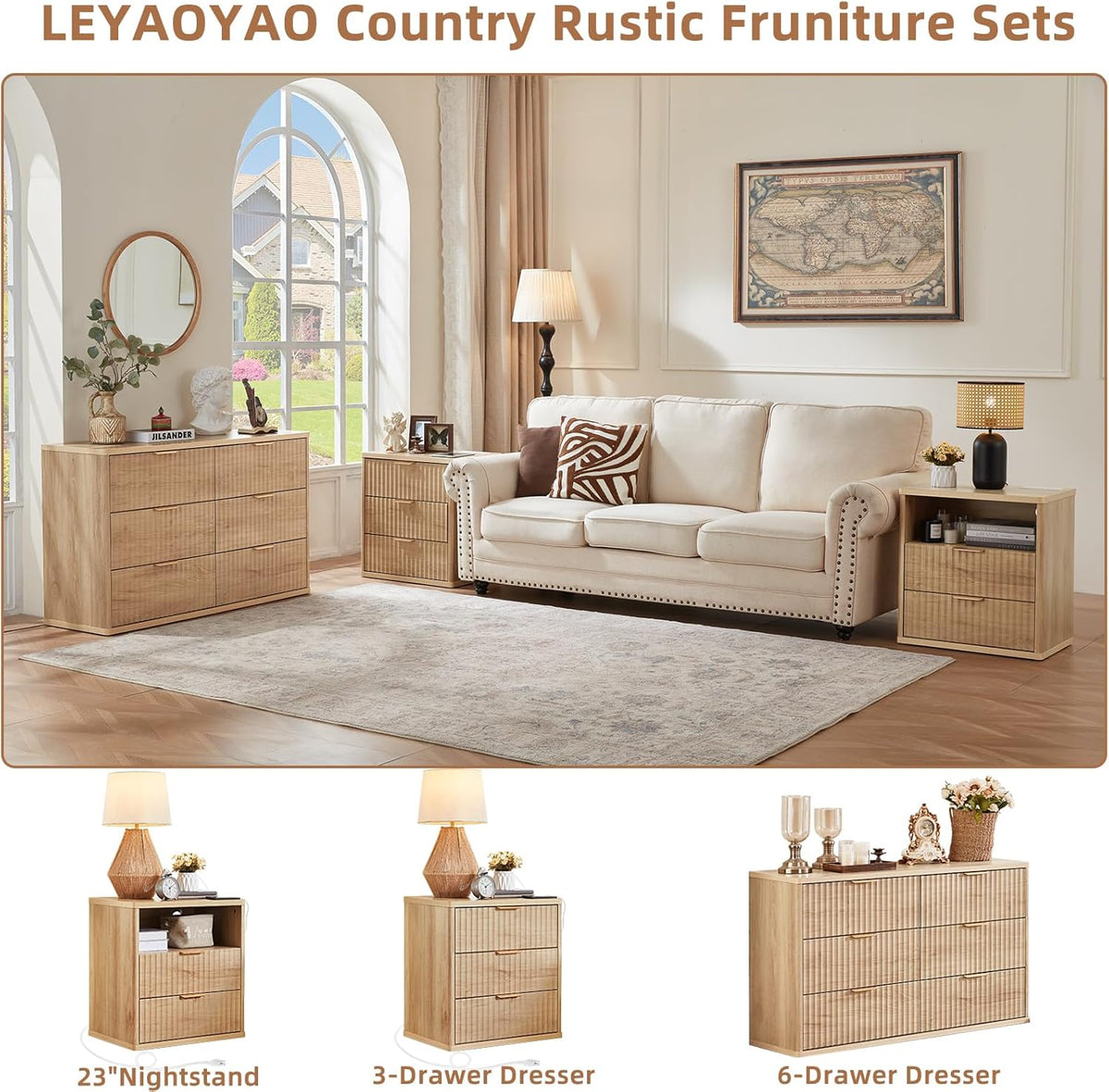 LEYAOYAO 23" Wide Fluted Night Stand with Charging Station, 3 Drawers Large End Table with Storage, Natural Nightstand Wood Bedside Tables, Farmhouse Cabinet Dresser for Bedroom, Closet