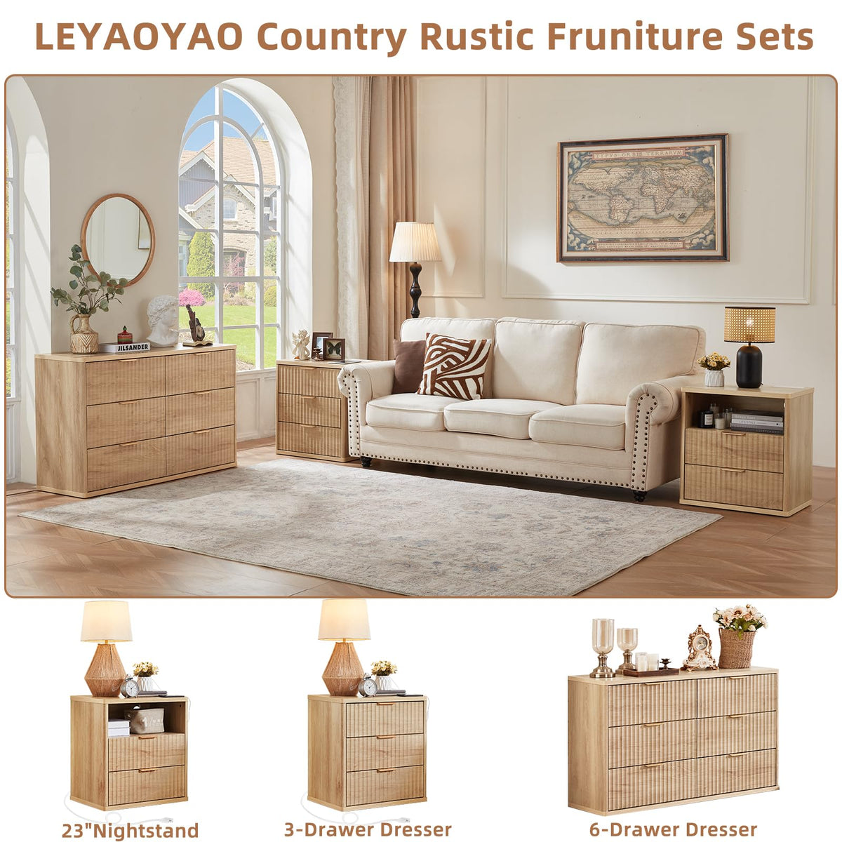 LEYAOYAO Fluted 5 Drawers Dresser for Bedroom, 41" Tall Modern Chest of Drawers with Metal Handle, Curved Profile Design,Natural Wood Drawer Organizer for Bedroom, Living Room, Hallway, Entryway
