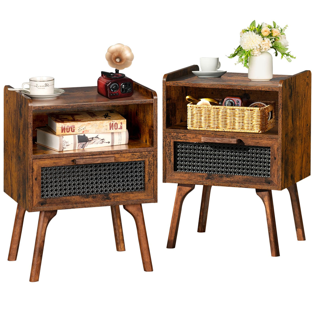 Lerliuo Rattan Nightstand, Boho Side Table with Drawer Open Shelf
