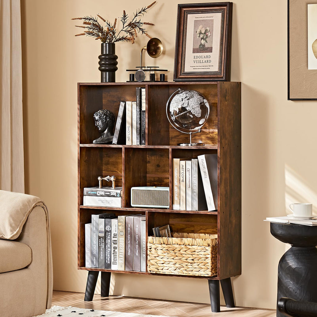 LEYAOYAO 7 Cube Bookshelf, Mid-Century Modern Bookcase Legs,Black Wooden Book Shelves, Wood 3-Tier Freestanding Storage Organizer Display Shelf for Bedroom,Living Room,Office