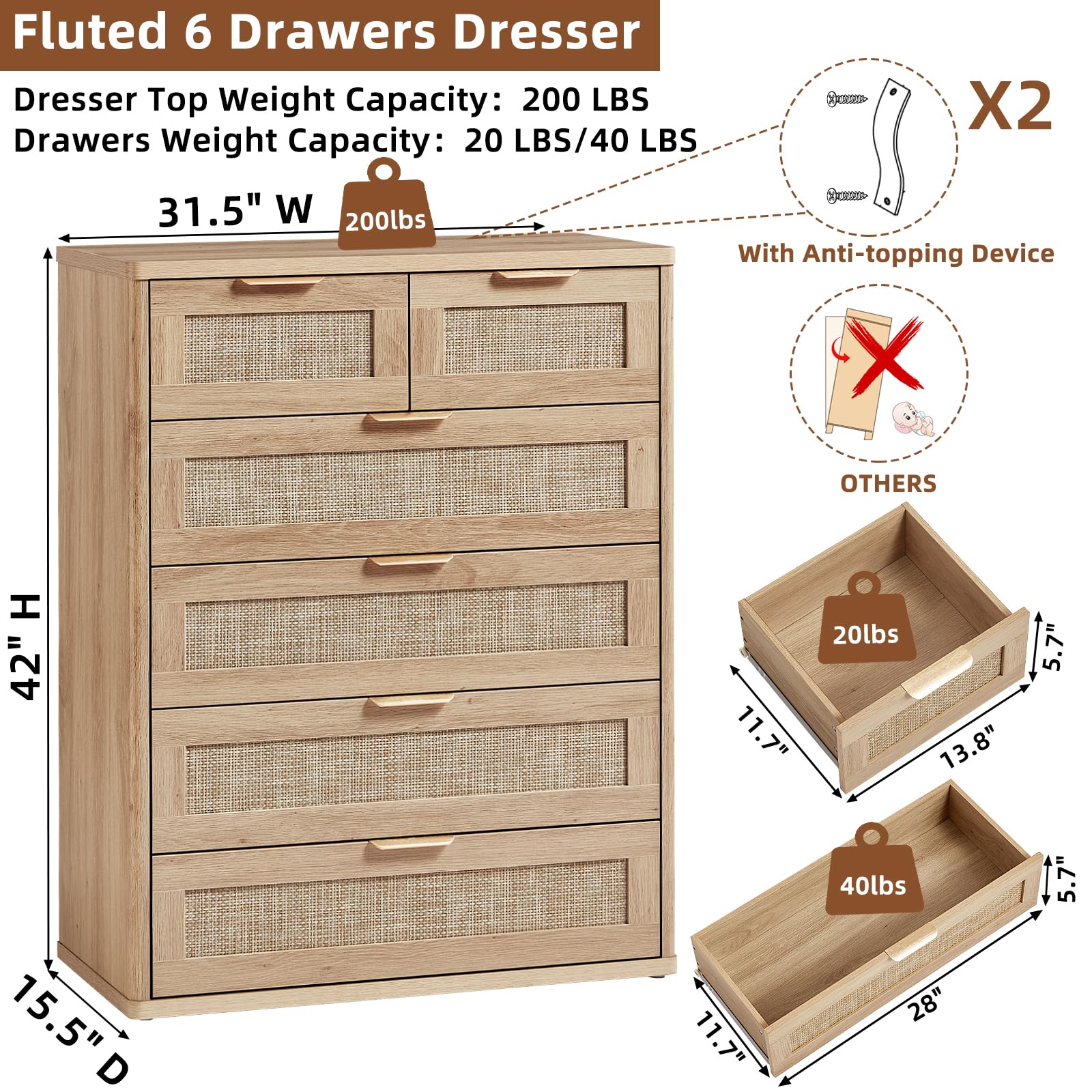 LEYAOYAO Rattan Dresser and Nightstand Set of 3, Boho Wood Dresser for Bedroom with 6 Drawers and Night Stand with Charging Station, Bedroom Furniture, Dressers & Chests of Drawers, Living Room
