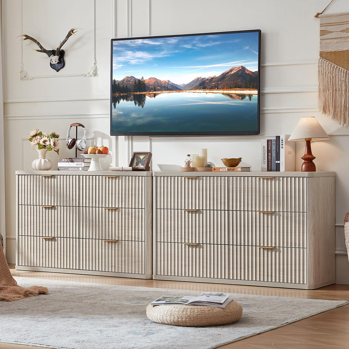 LEYAOYAO Fluted 5 Drawers Dresser for Bedroom, 41" Tall Modern Chest of Drawers with Metal Handle, Curved Profile Design,Natural Wood Drawer Organizer for Bedroom, Living Room, Hallway, Entryway