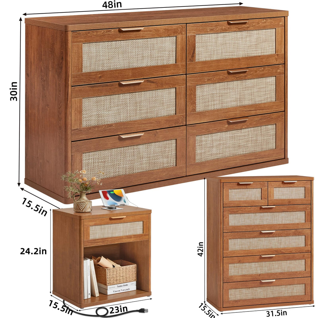 LEYAOYAO Rattan Dresser and Nightstand Sets 4 Piece, Natural