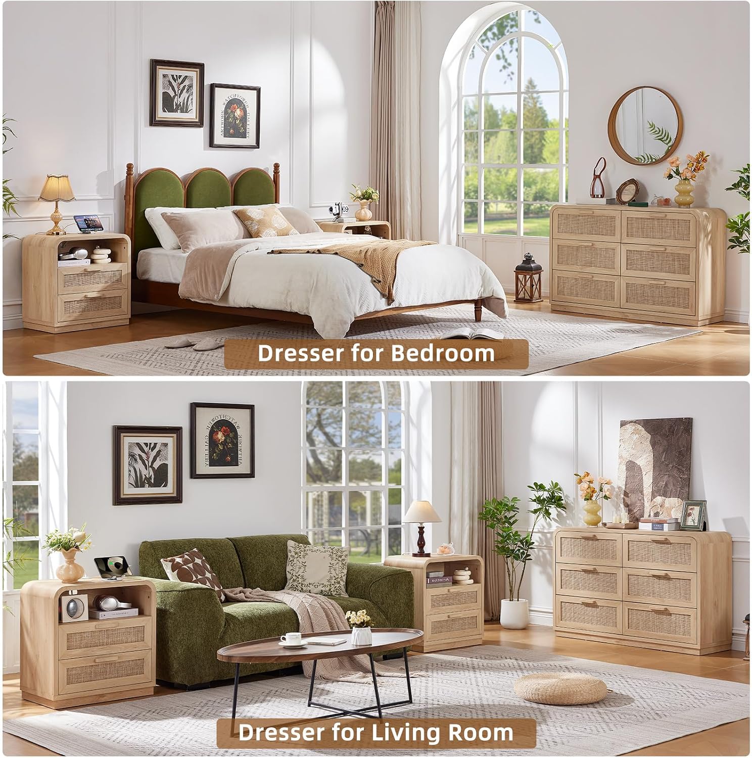 LEYAOYAO Curved Boho Dresser & Nightstand Set of 3, Natural Wood