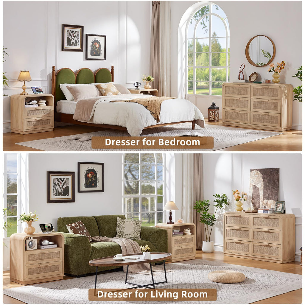 LEYAOYAO Rattan Nightstands Set of 2 with Charging Station, Natural