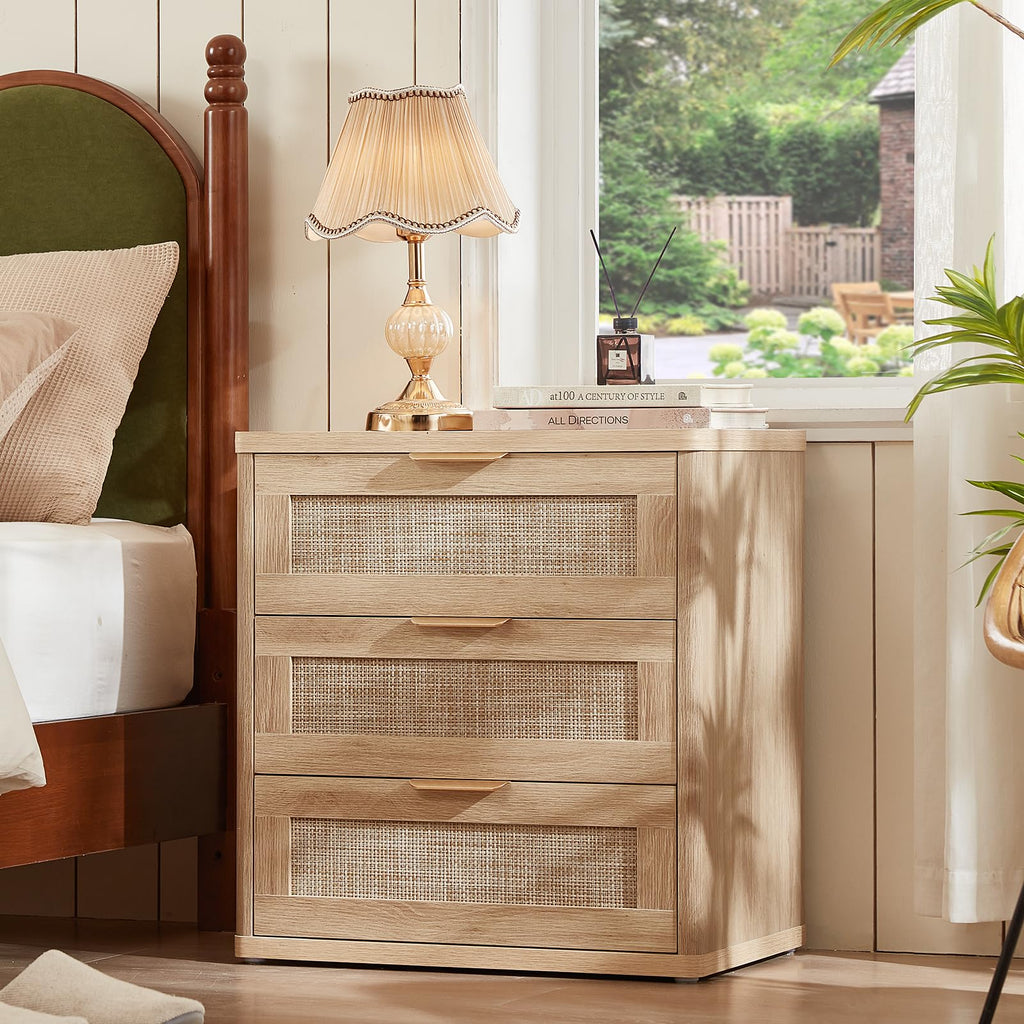 LEYAOYAO Rattan Dresser and Nightstand Set of 3, Boho Wood Dresser for Bedroom with 6 Drawers and Night Stand with Charging Station, Bedroom Furniture, Dressers & Chests of Drawers, Living Room