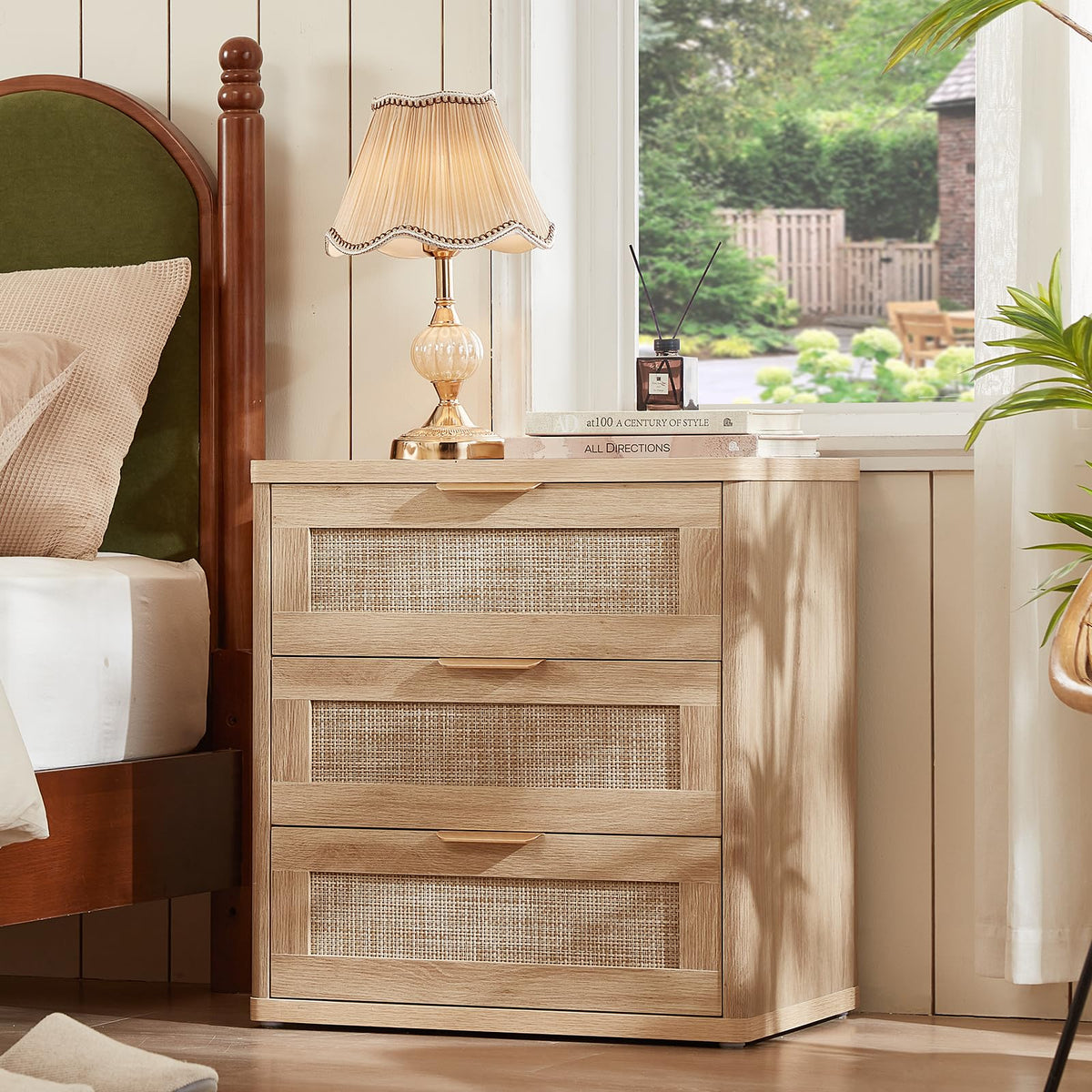 LEYAOYAO Rattan Dresser and Nightstand Set of 3, Boho Wood Dresser for Bedroom with 6 Drawers and Night Stand with Charging Station, Bedroom Furniture, Dressers & Chests of Drawers, Living Room