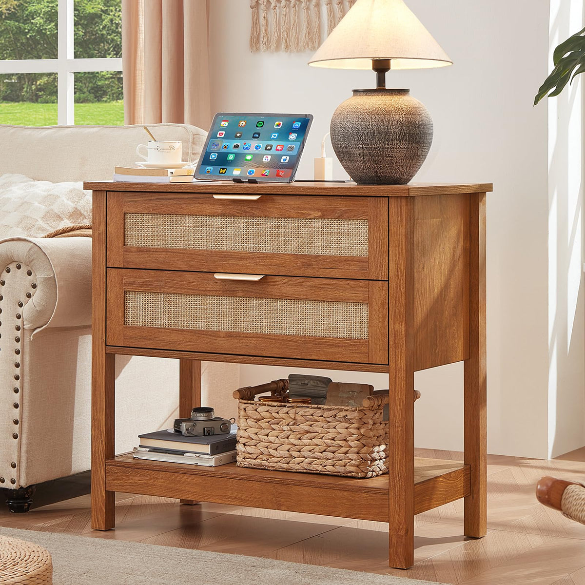 Lerliuo 31.5" Wide Rattan Nightstand,Oversized Large Boho Night Stand with 2 Drawers, 30" Tall Grey White Bedside Table with Storage Shelf, Bed Side End Tables for Bedroom, Living Room, Hallway