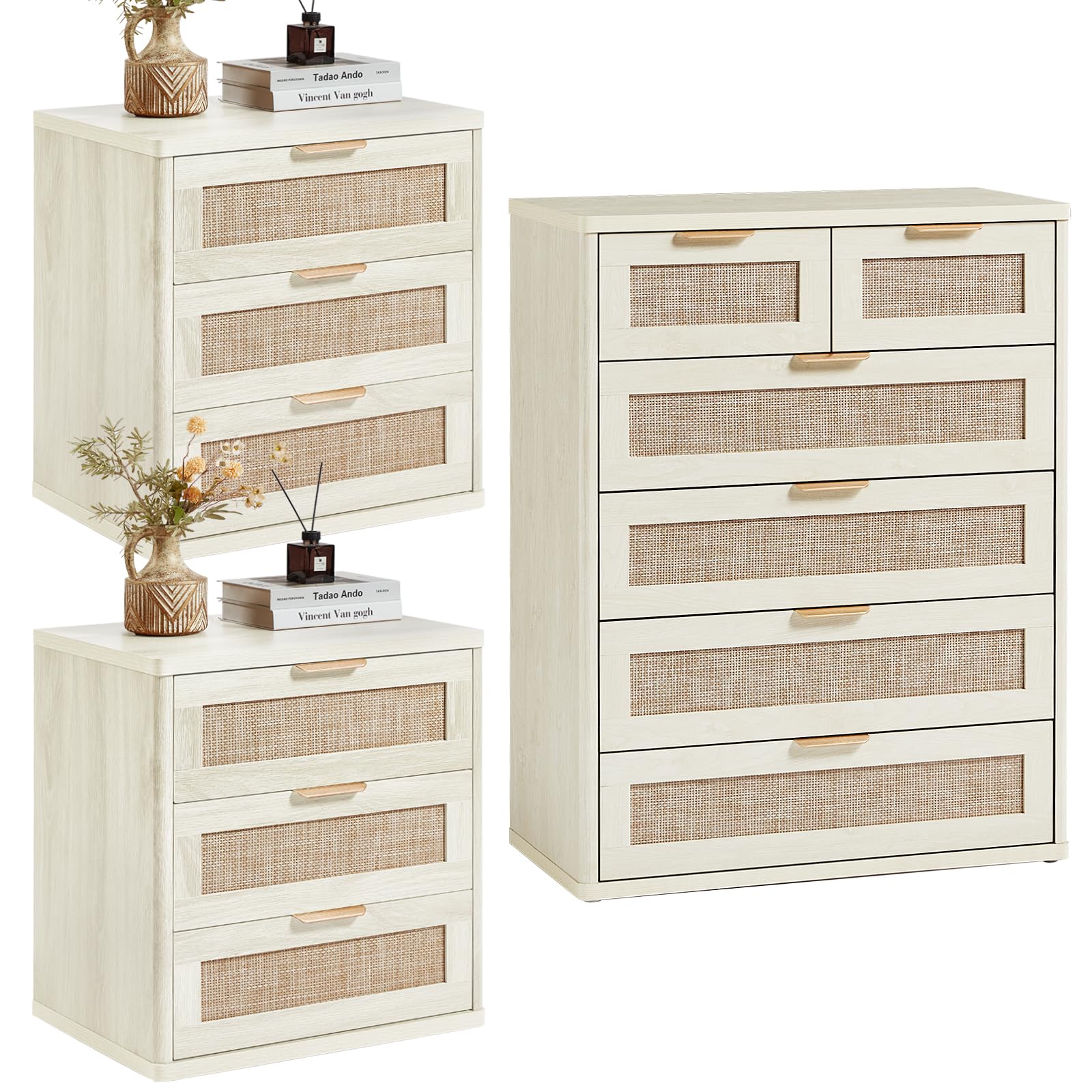 LEYAOYAO Rattan Dresser and Nightstand Set of 3, Boho Wood Dresser for Bedroom with 6 Drawers and Night Stand with Charging Station, Bedroom Furniture, Dressers & Chests of Drawers, Living Room
