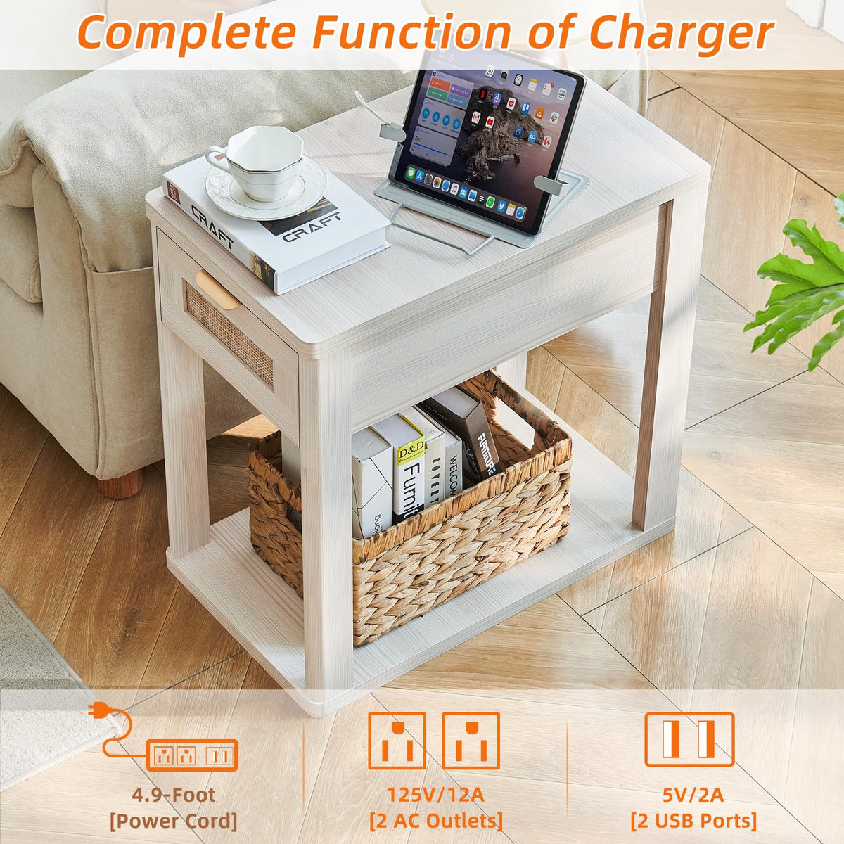 LEYAOYAO Narrow Side Table with Charging Station, Rattan 24 x 14''