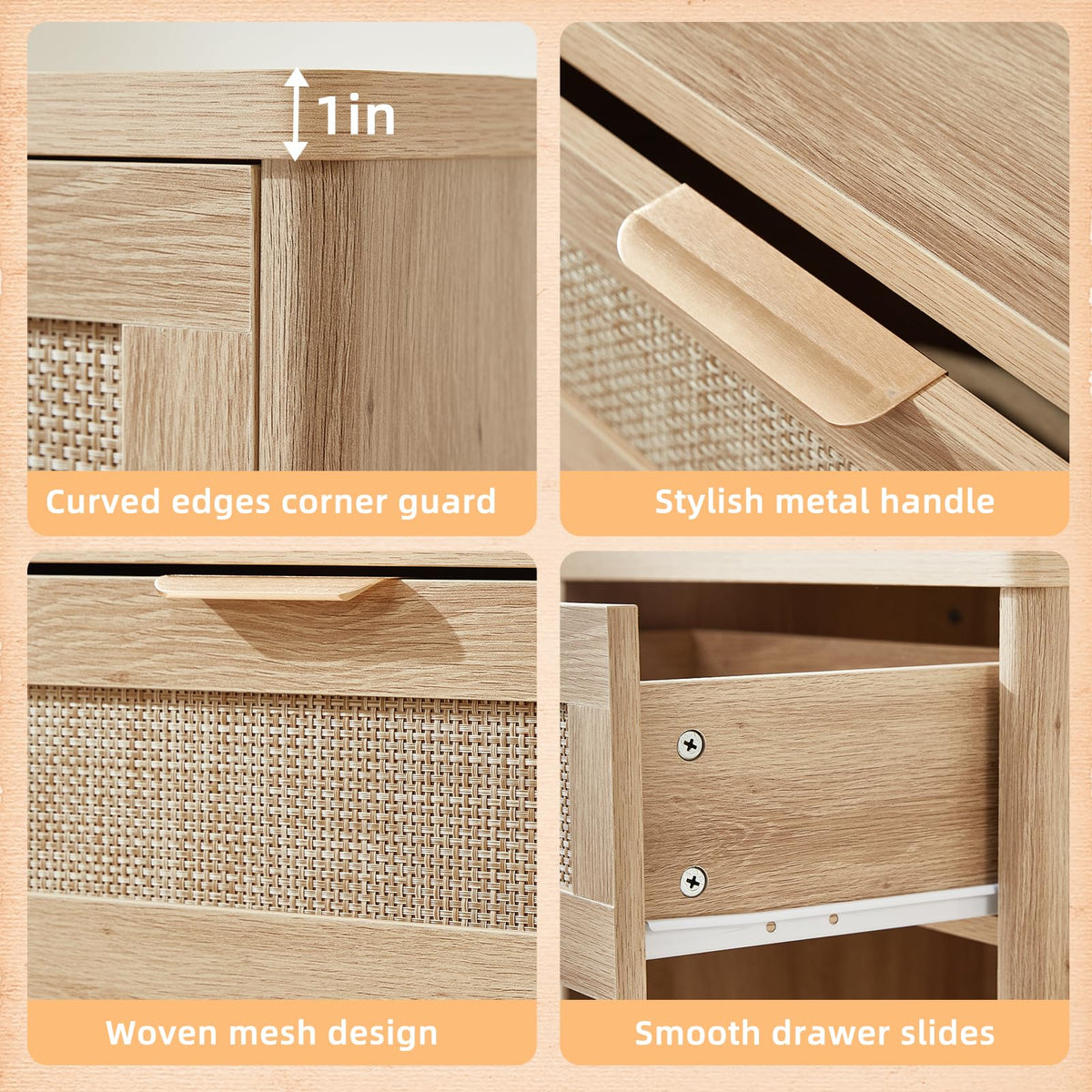 LEYAOYAO Rattan Nightstand Set of 2 with Charging Station, 1 & 2 Drawers Boho Night Stand Dresser for Bedroom, Natural Wood Bedside Table Open Storage Cabinet, Bed Side End Tables, Living Room,Hallway