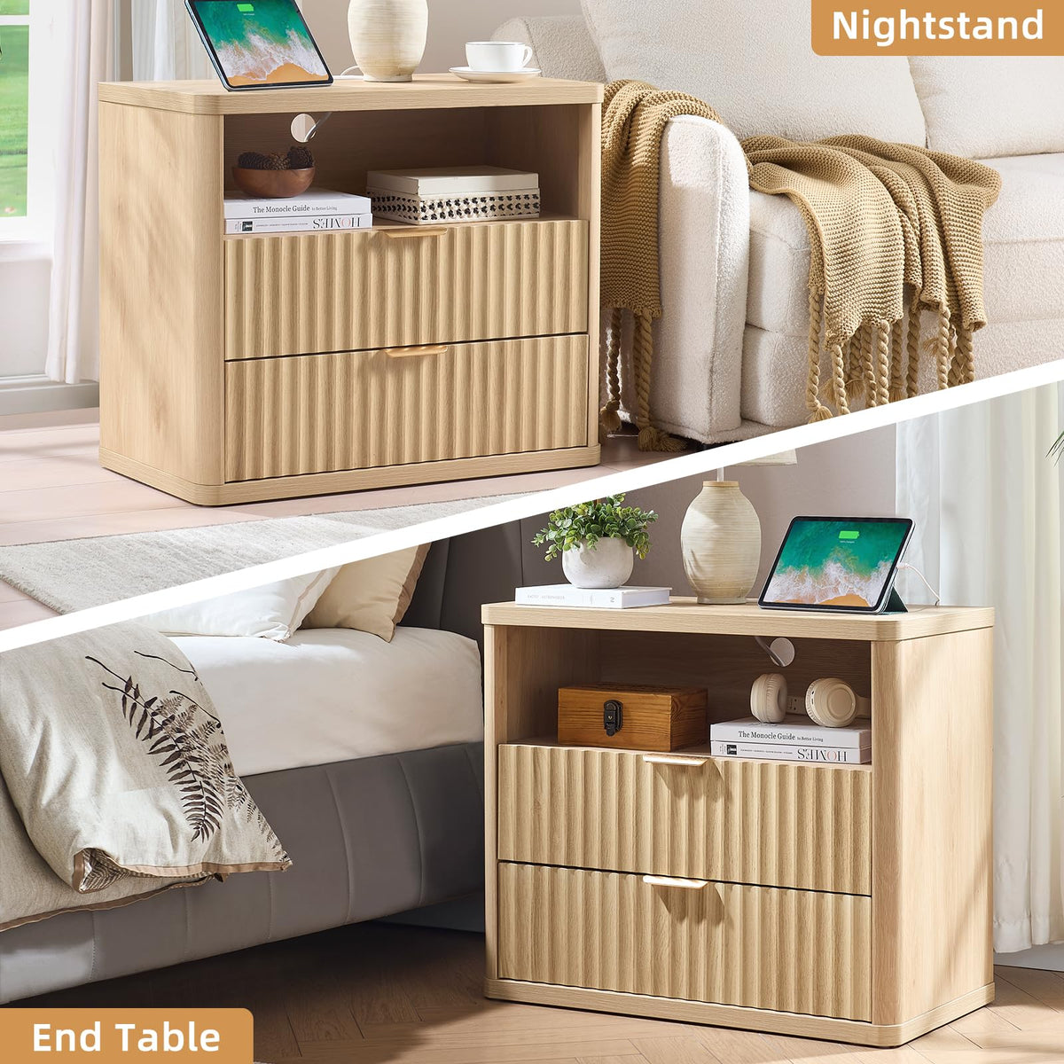 LEYAOYAO 31" Wide Fluted Nightstand with Charging Station, Oversized Extra Large 1 Drawer Night Stand with Golden Handle, Antique White Bedside Table Tall End Tables,for Bedroom, Living Room, Hallway