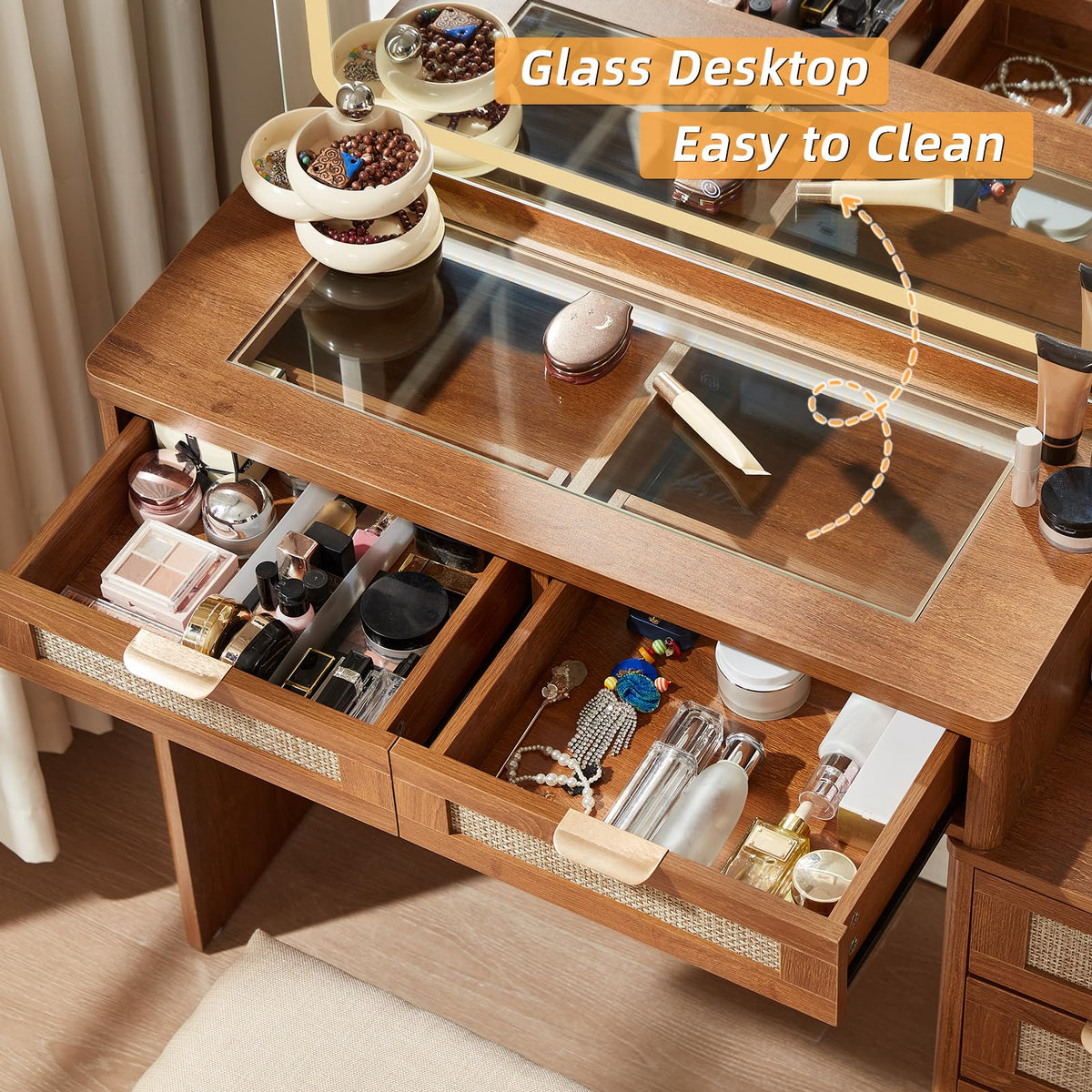 LEYAOYAO Rattan Makeup Vanity Desk with Stool, Mirror and Lights