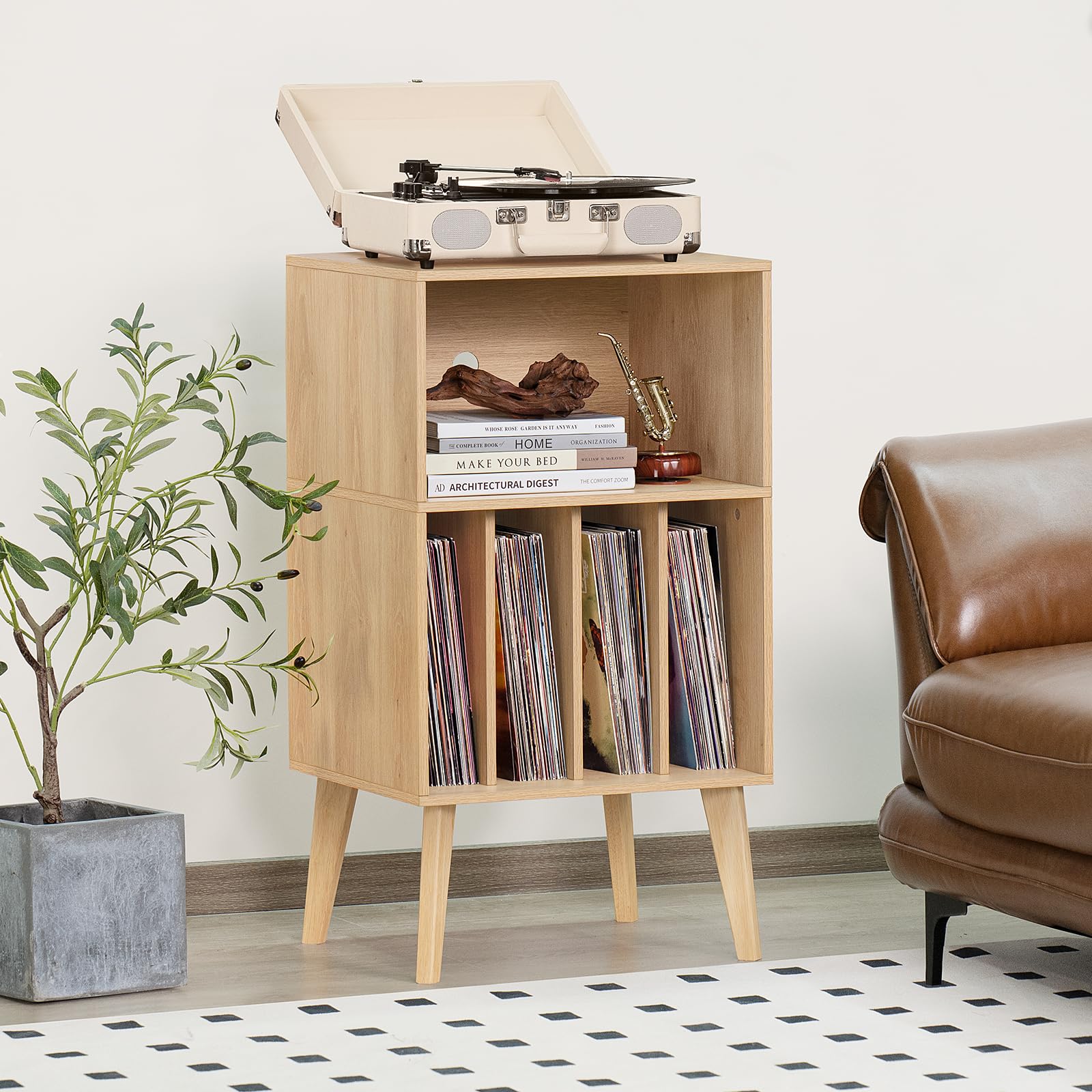 Lerliuo Record Player Stand, Walnut Turntable Stand Holds up to 160 Albums