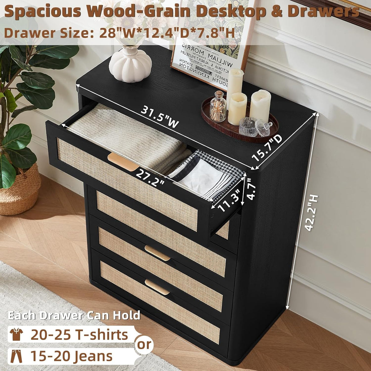 LEYAOYAO Rattan 23" Nightstands with Charger Station 2 Drawers