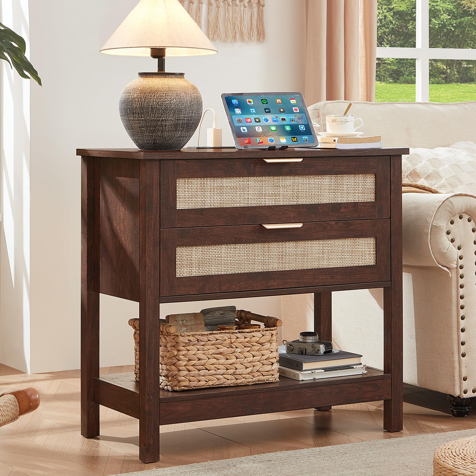 LEYAOYAO 26.8" Wide Rattan Nightstands Set of 2, Large Boho Night Stand
