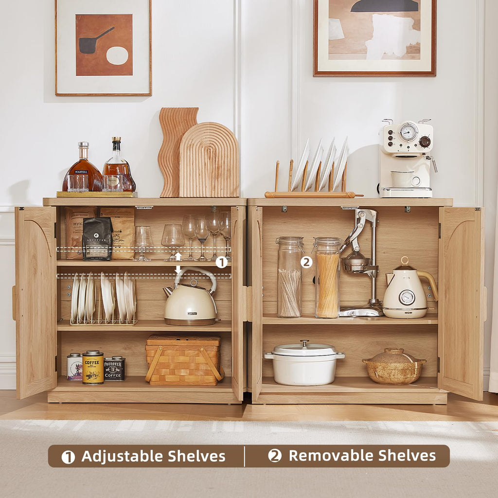 LEYAOYAO Fluted Buffet Cabinet with Storage, 31.5" Coffee Bar Cabinet with Arch Doors & Adjustable Shelves, Mid Century Modern Sideboard, Wood Credenza for Kitchen, Living Room, Natural