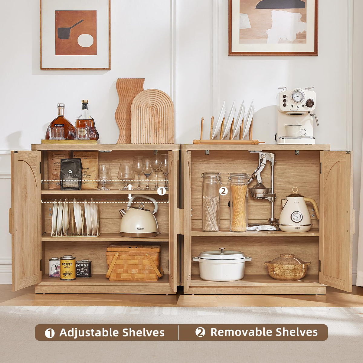 LEYAOYAO Fluted Buffet Cabinet with Storage, 31.5" Coffee Bar Cabinet with Arch Doors & Adjustable Shelves, Mid Century Modern Sideboard, Wood Credenza for Kitchen, Living Room, Natural