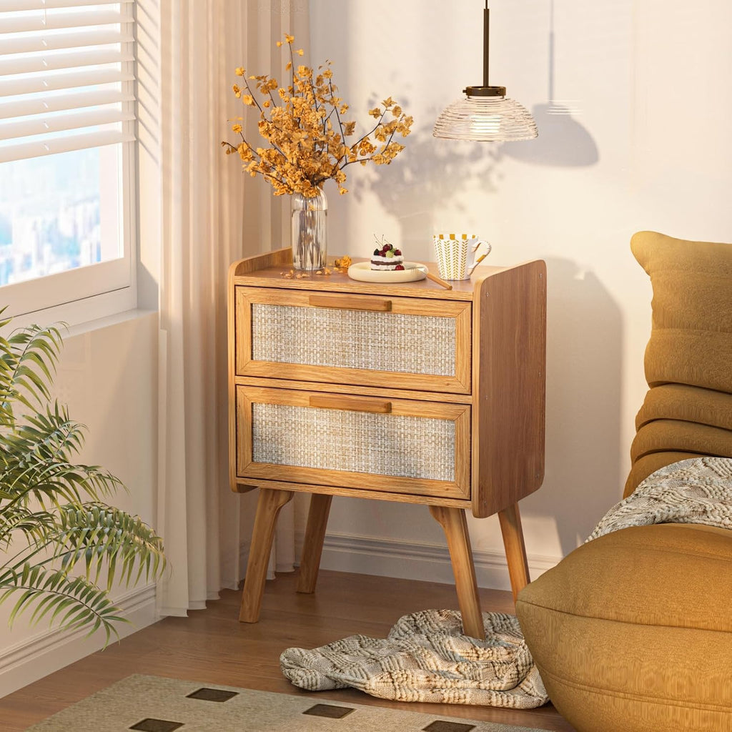 Lerliuo Rattan Nightstands Set of 2 for Bedroom, 2 Drawers