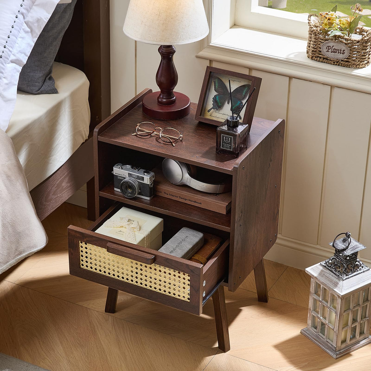 Lerliuo Rattan Nightstand, Boho Side Table with Drawer Open Shelf