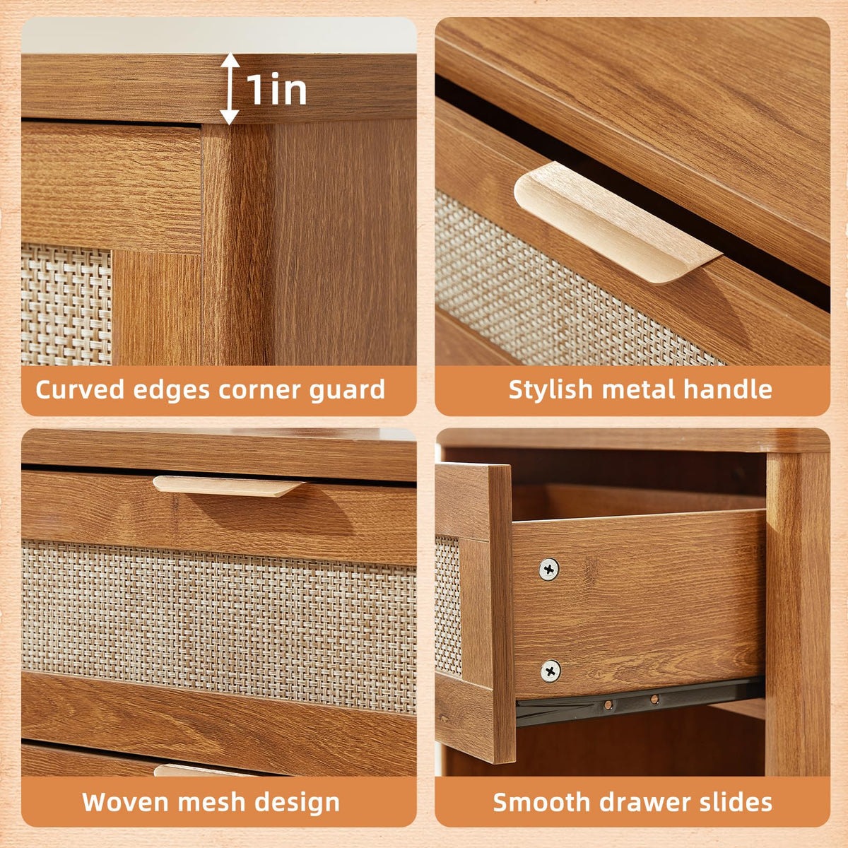 LEYAOYAO Rattan Nightstand Set of 2 with Charging Station, 1 & 2 Drawers Boho Night Stand Dresser for Bedroom, Natural Wood Bedside Table Open Storage Cabinet, Bed Side End Tables, Living Room,Hallway