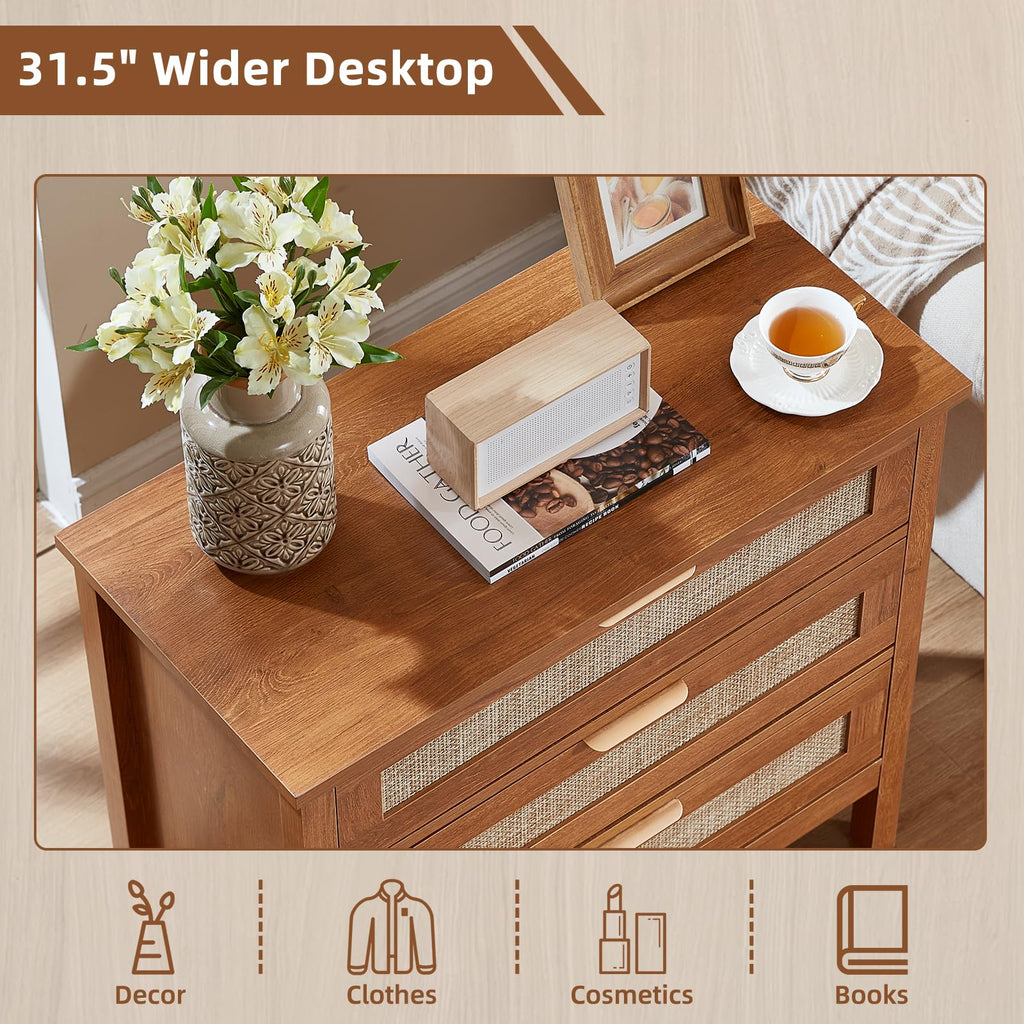 Lerliuo 31.5" Wide Rattan Nightstand,Oversized Large Boho Night Stand with 2 Drawers, 30" Tall Grey White Bedside Table with Storage Shelf, Bed Side End Tables for Bedroom, Living Room, Hallway