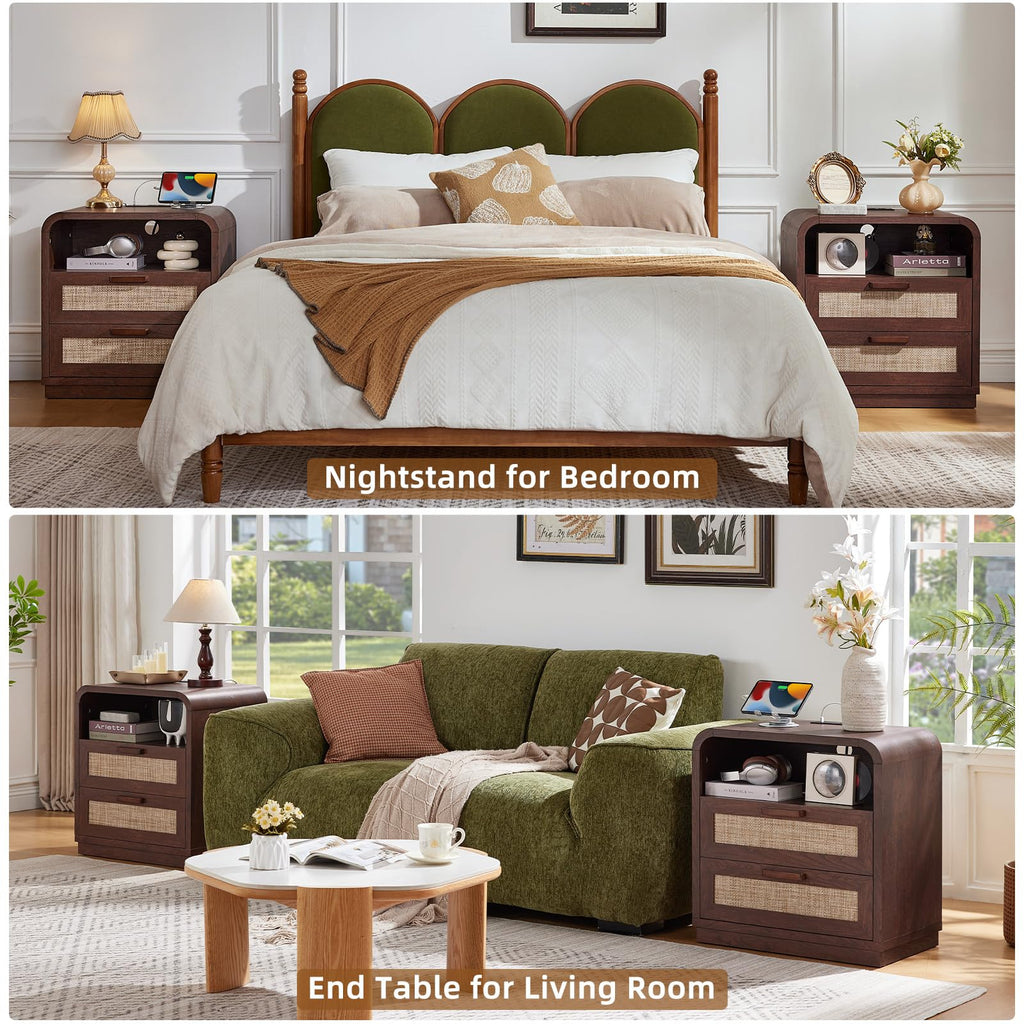 LEYAOYAO Rattan Nightstands Set of 2 with Charging Station, Natural