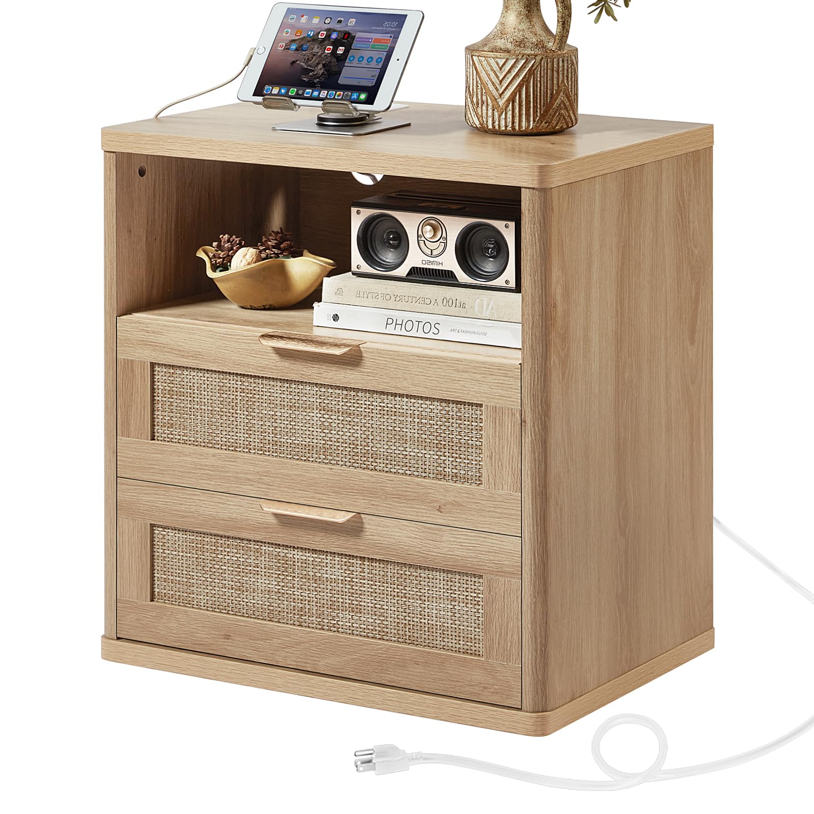 Lerliuo Rattan NightStand with Charger Station, 23" Wide Boho Bedside Table with Drawers, Natural Wood Night Stand Open Storage Cabinet, Bed Side End Table Dresser for Living Room, Hallway, Bedroom