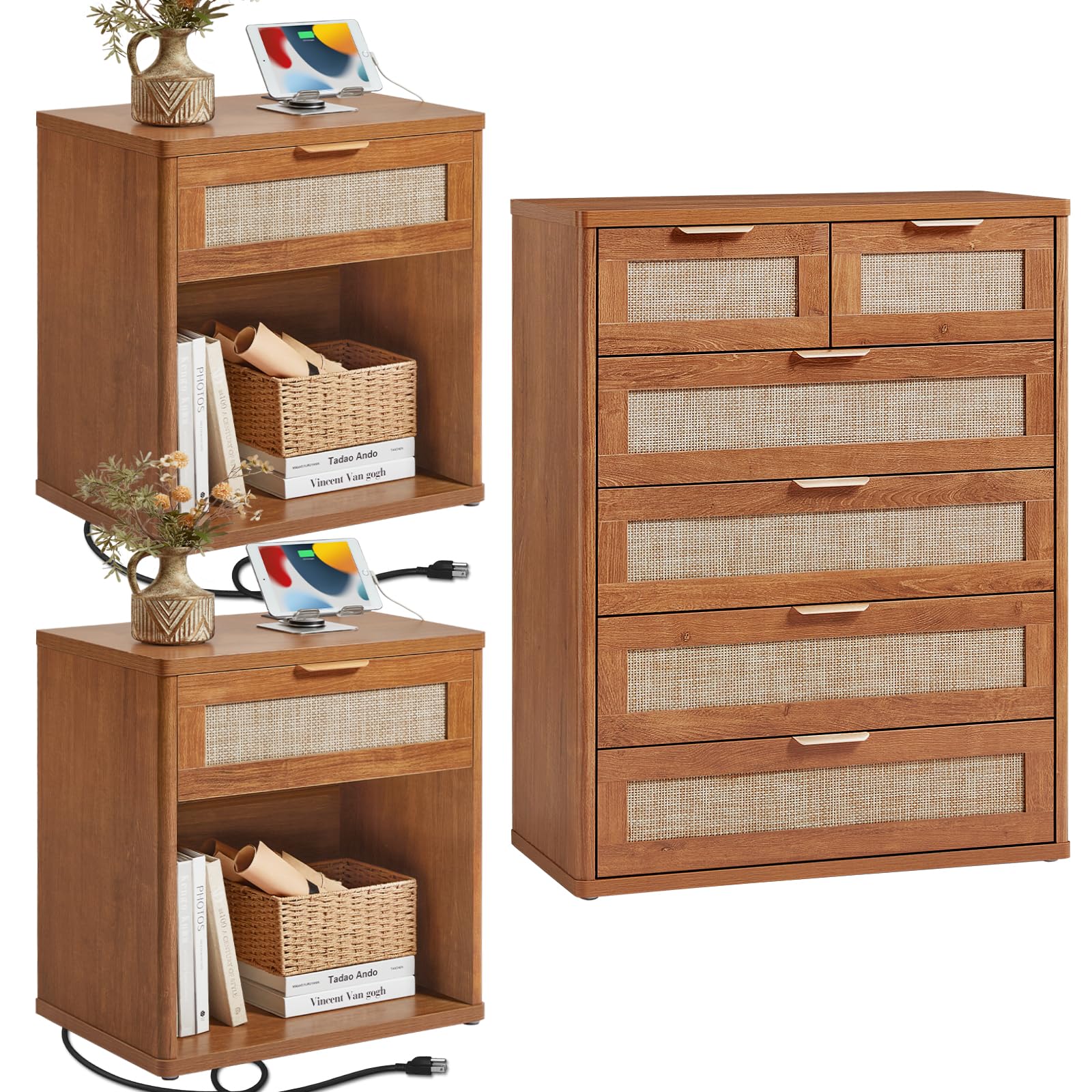 LEYAOYAO Rattan Dresser and Nightstand Set of 3, Boho Wood Dresser for Bedroom with 6 Drawers and Night Stand with Charging Station, Bedroom Furniture, Dressers & Chests of Drawers, Living Room