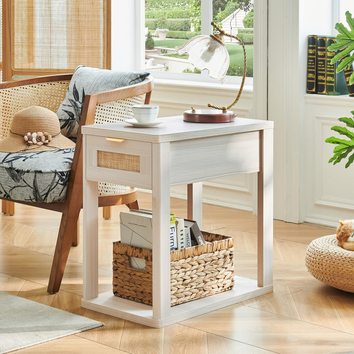 LEYAOYAO Narrow Side Table with Charging Station, Rattan 24 x 14''