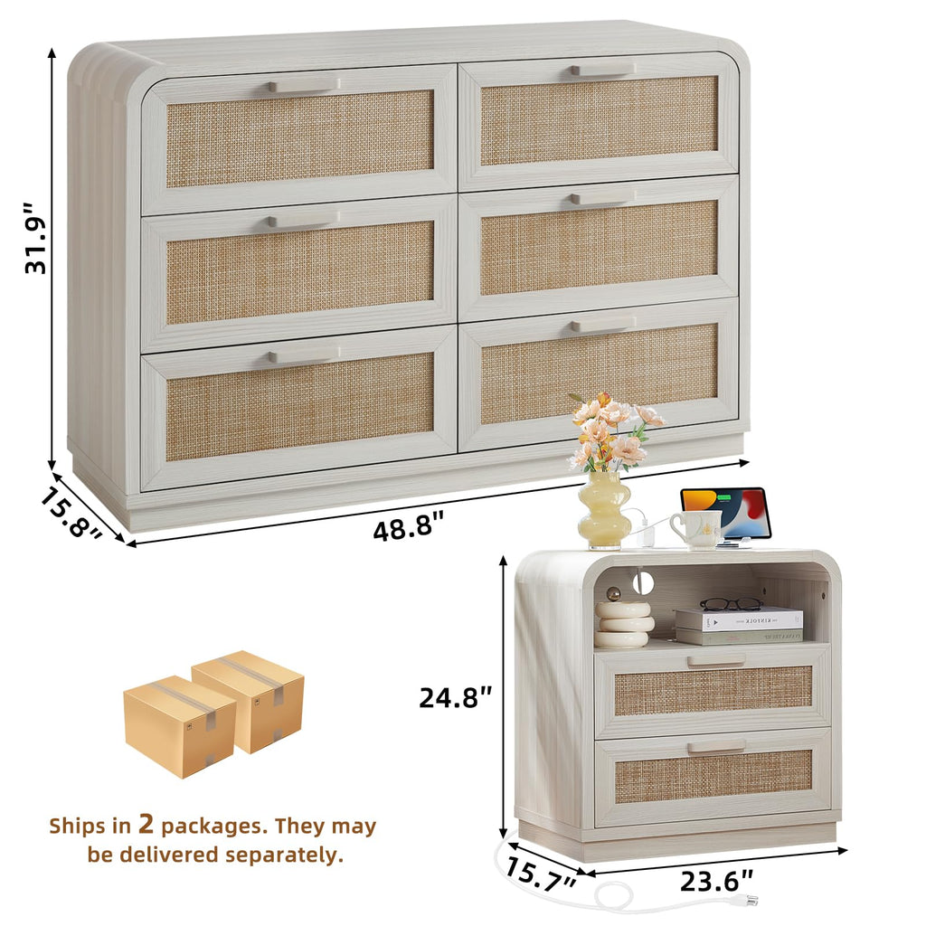 LEYAOYAO Curved Boho Dresser & Nightstand Set of 3, Natural Wood