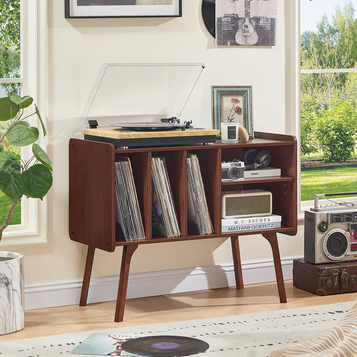 Lerliuo Record Player Stand with 4 Cabinet Holds Up to 220 Albums,Oak