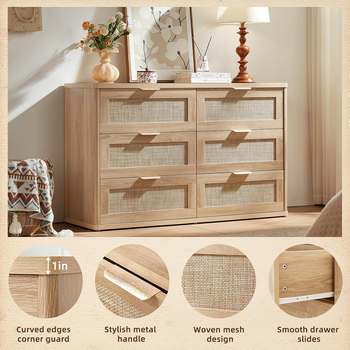 LEYAOYAO Rattan Dresser and Nightstand Sets 4 Piece, Natural