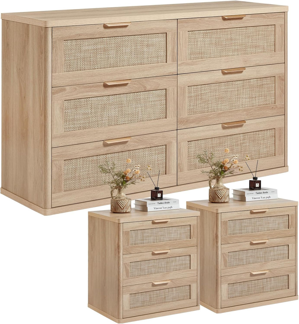 LEYAOYAO Rattan Dresser and Nightstand Sets 3 Piece, Natural