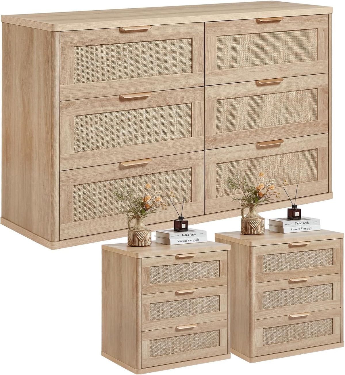 LEYAOYAO Rattan Dresser and Nightstand Sets 3 Piece, Natural