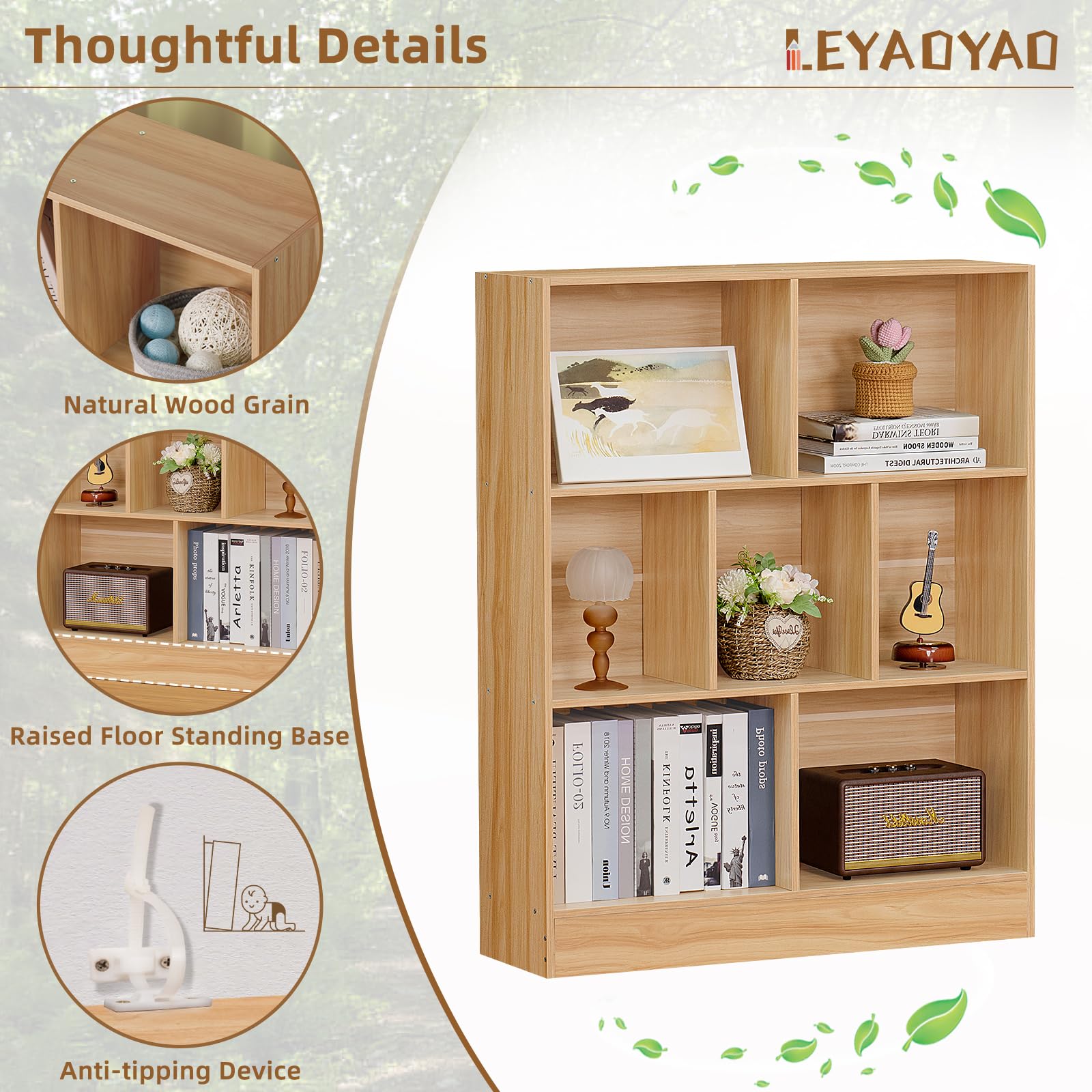 LEYAOYAO 7 Cube Bookshelf with Base,3 Tier Mid-Century Modern Blue Bookcase,Standing Wide Bookshelves Storage Organizer Shelf,Rustic Wood Display Cabinet Book Shelves for Bedroom,Living Room,Office