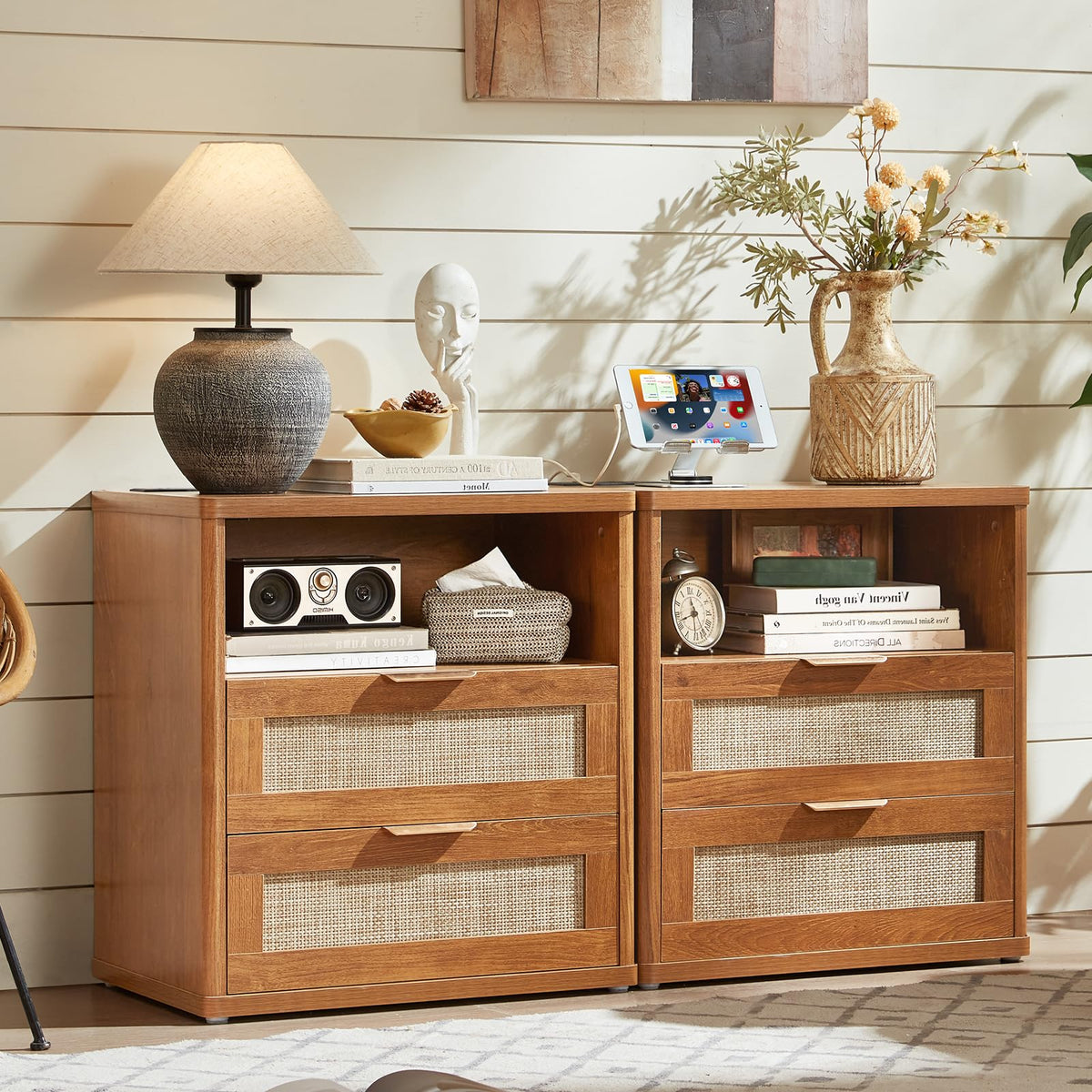 LEYAOYAO Rattan Nightstands Set of 2 with Charging Station, Boho Night Stand Dresser for Bedroom with Drawer, Grey White Bedside Table Open Storage Cabinet, Bed Side End Table, Living Room, Hallway