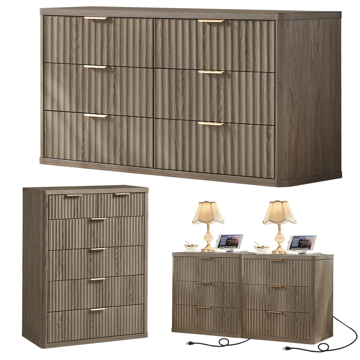 LEYAOYAO Fluted Dressers & Nightstand Set of 4, Wood 48" Wide Dresser & 42" Tall Chest of Drawers,Modern Bedroom Furniture Sets, Natural Wooden Nightstand Set of 2 with 3 Drawers & Charging Station