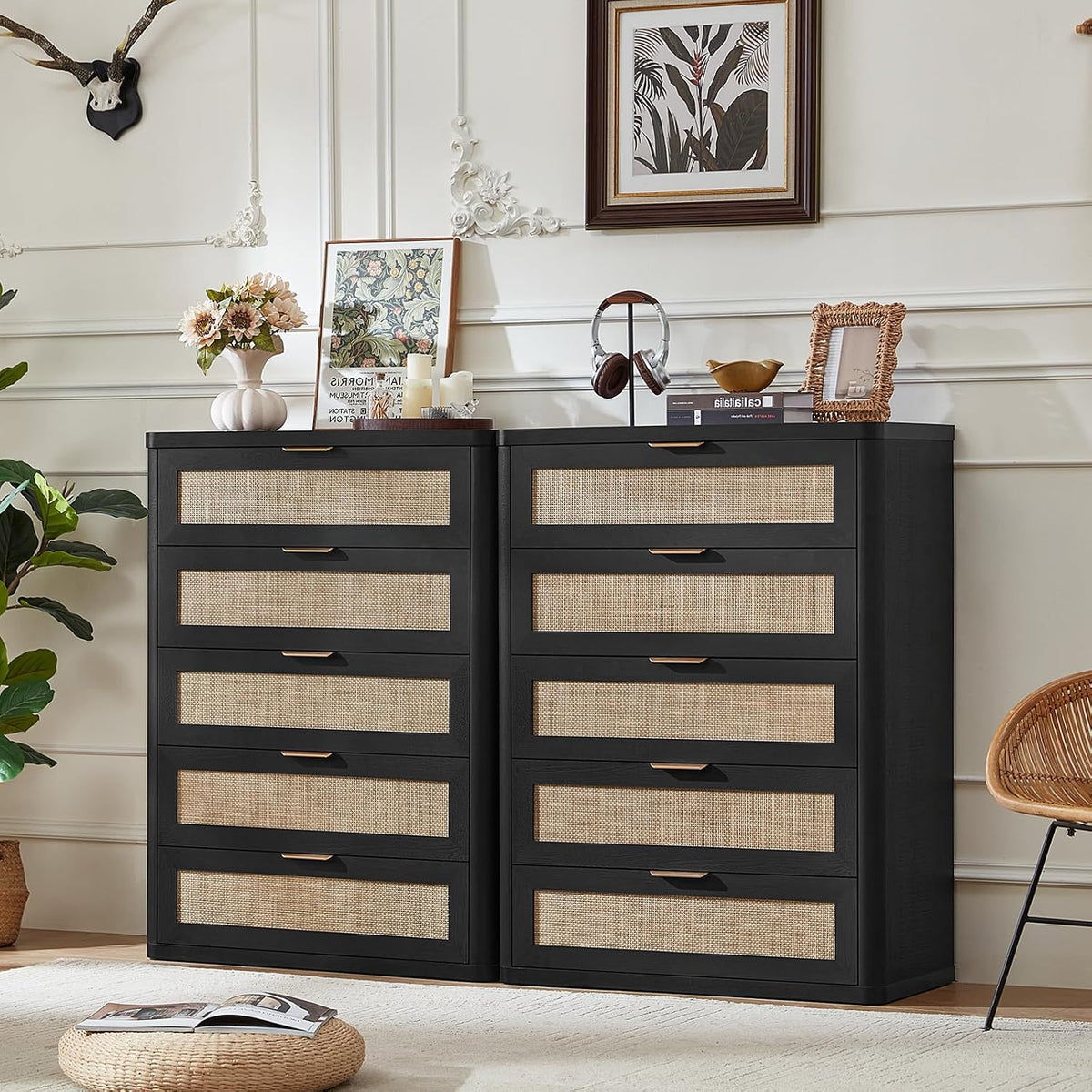 LEYAOYAO Rattan 23" Nightstands with Charger Station 2 Drawers