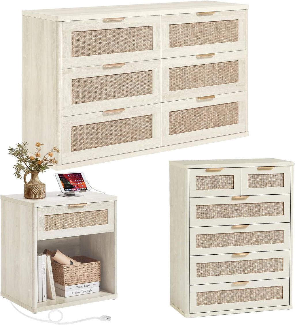 LEYAOYAO Rattan Dressers & Night Stand Set of 3, Boho Wood 48" Wide Dresser & 41"Tall Chest of Drawers, 23" with Charging Station Nightstand, Bedroom Furniture Dresser Set for Home Living Room Hallway