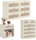 LEYAOYAO Rattan Dressers & Night Stand Set of 3, Boho Wood 48" Wide Dresser & 41"Tall Chest of Drawers, 23" with Charging Station Nightstand, Bedroom Furniture Dresser Set for Home Living Room Hallway