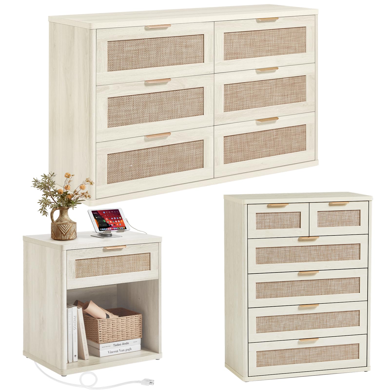 LEYAOYAO Rattan Dressers & Night Stand Set of 3, Boho Wood 48" Wide Dresser & 41"Tall Chest of Drawers, 23" with Charging Station Nightstand, Bedroom Furniture Dresser Set for Home Living Room Hallway