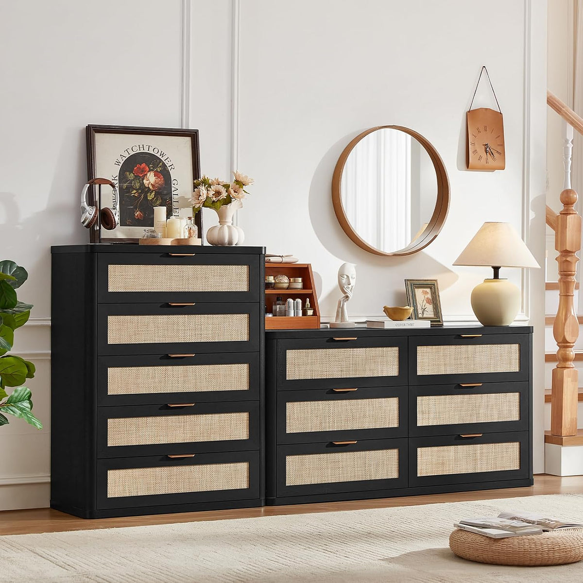 LEYAOYAO Rattan 23" Nightstands with Charger Station 2 Drawers