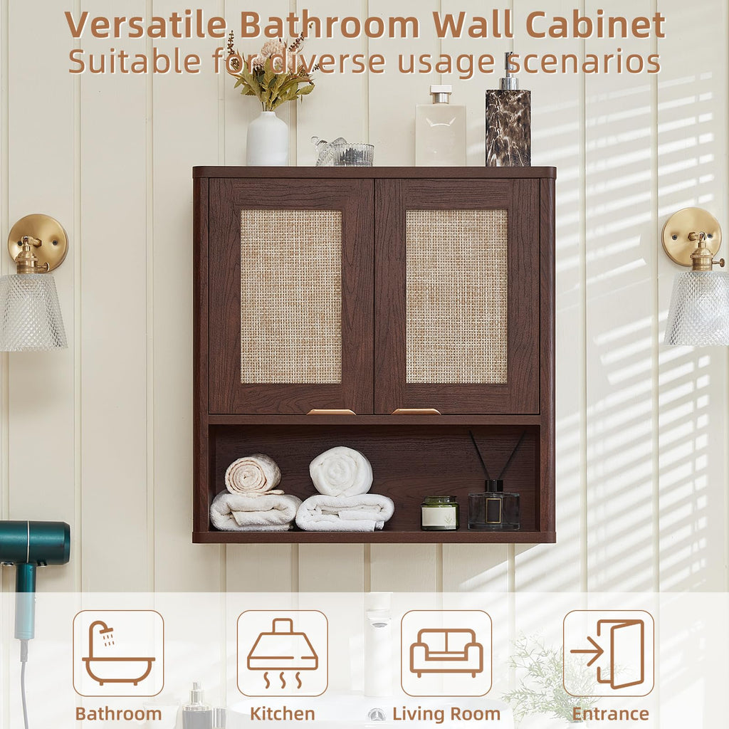 LEYAOYAO 68" Boho Over the Toilet Storage Cabinet with Rattan Sliding Door