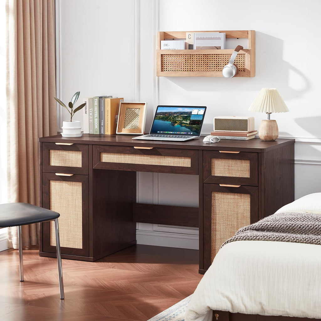 LEYAOYAO Office Desk 56" with 5 Drawers Storage File Cabinet, Natural