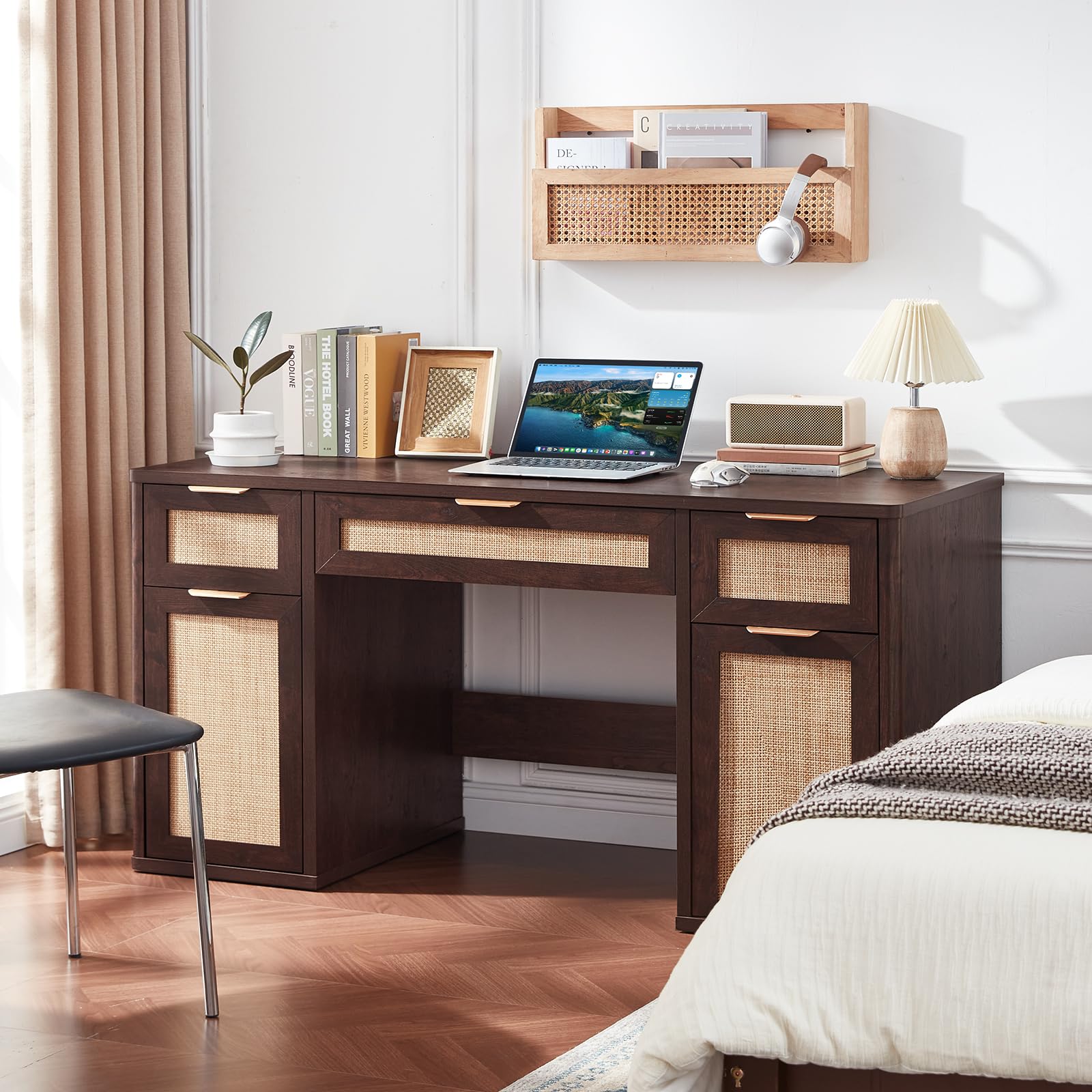 LEYAOYAO Office Desk 56" with 5 Drawers Storage File Cabinet, Natural
